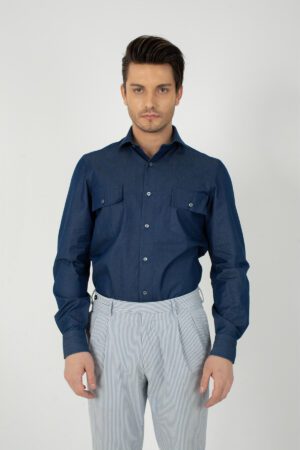 Military Style Cotton Shirt Dark Blue